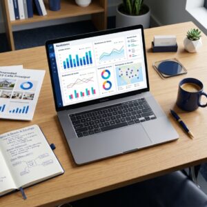 Escritorio de un gerente inmobiliario con un portátil mostrando paneles de rendimiento, informes de propiedades y un cuaderno de estrategia