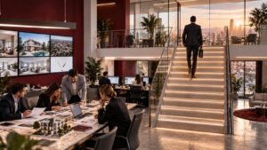 Cómo escalar una agencia inmobiliaria: un gerente sube la escalera de la oficina mientras su equipo trabaja de forma coordinada