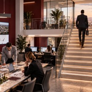 Cómo escalar una agencia inmobiliaria: un gerente sube la escalera de la oficina mientras su equipo trabaja de forma coordinada