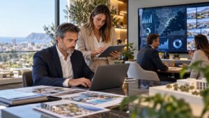 Equipo inmobiliario revisa un proceso de trabajo con apoyo de tecnología