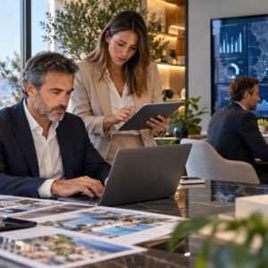 Equipo inmobiliario revisa un proceso de trabajo con apoyo de tecnología