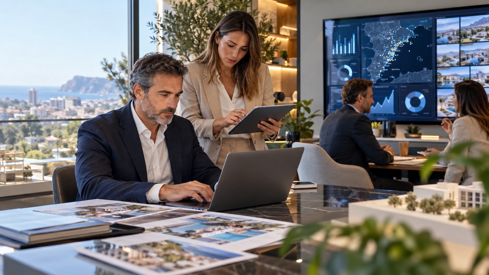 Equipo inmobiliario revisa un proceso de trabajo con apoyo de tecnología