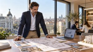 Gerente inmobiliario analiza la cartera de viviendas en una oficina española