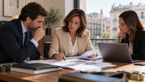 Equipo inmobiliario revisa documentación de una operación en su oficina